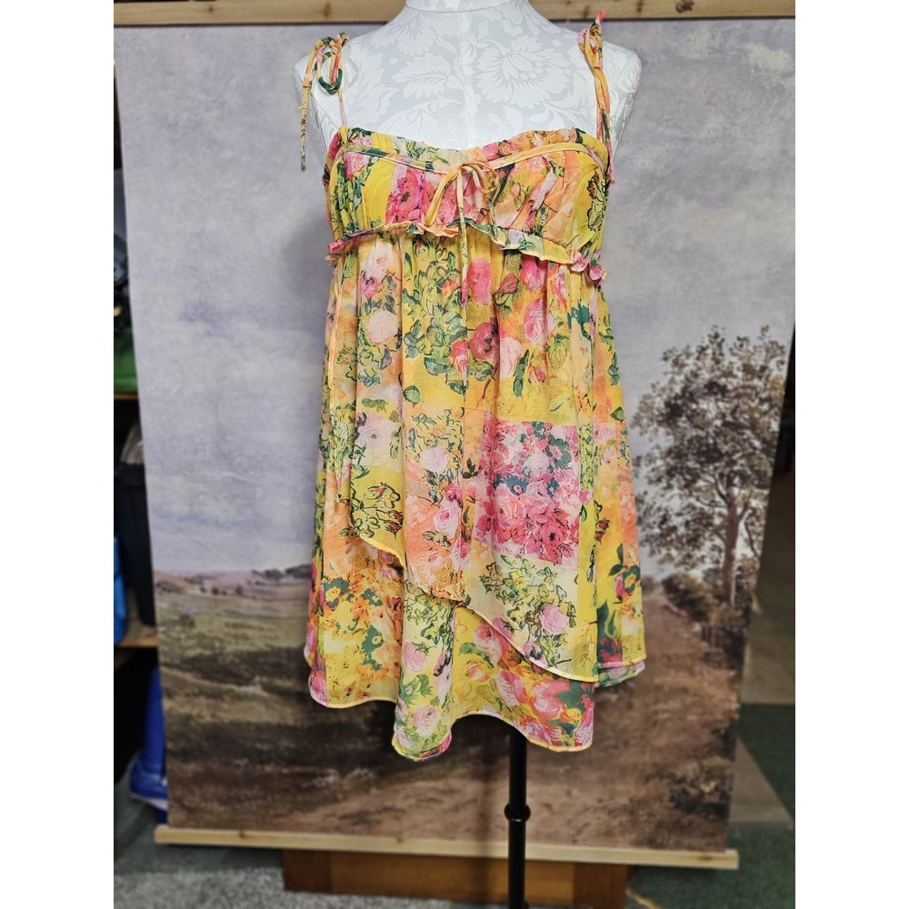 Honey Plum Multicolored Floral Slip Dress Tie Straps Ruffle Layer SZ M Summer